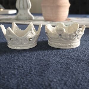 Pair Of White Ceramic Crown Tea Light Holders